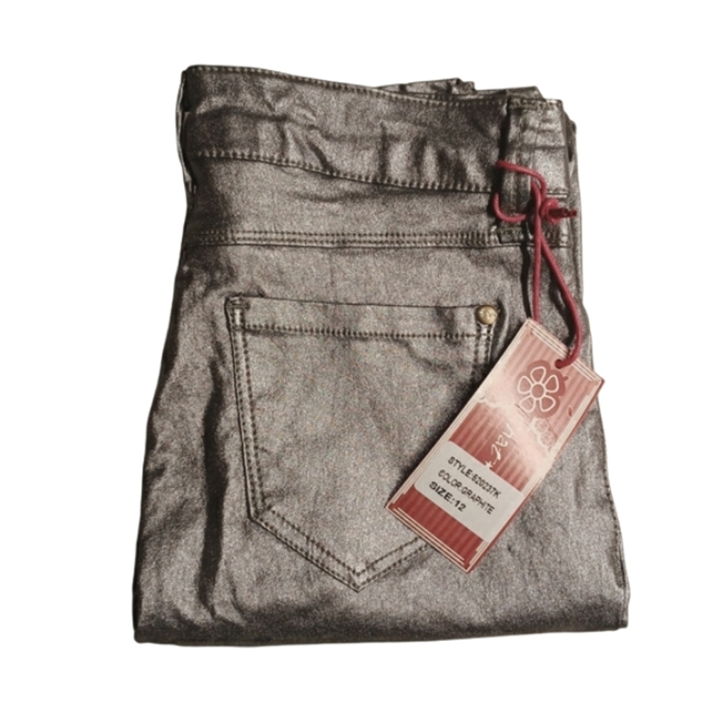 CHAT Metallic Graphite Silver Girl's Skinny Leg Pants 12 NWT